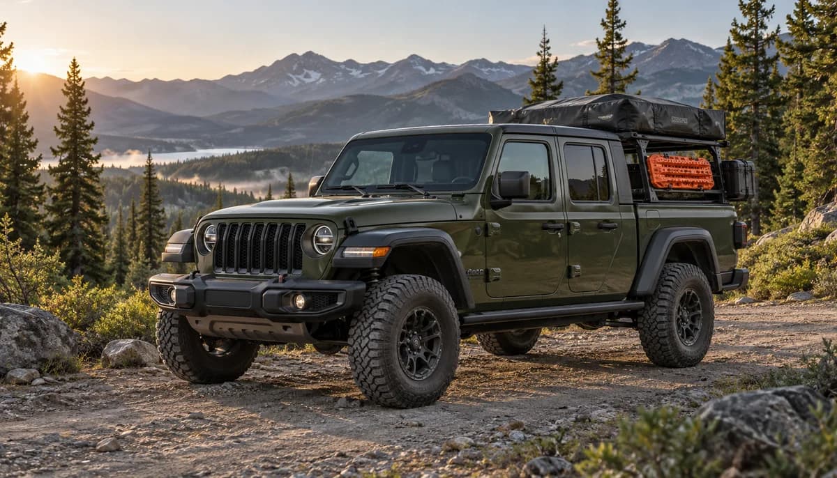 Olive green off-road pickup equipped for overlanding in the mountains