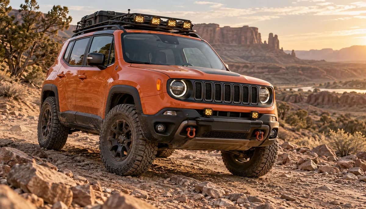 Orange modified compact off-road SUV on a rocky desert trail