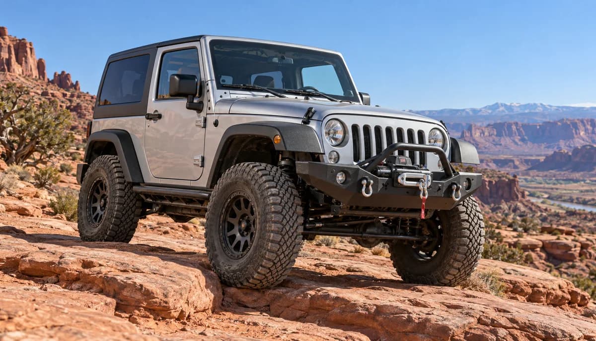 Silver two-door off-road SUV on a red rock trail