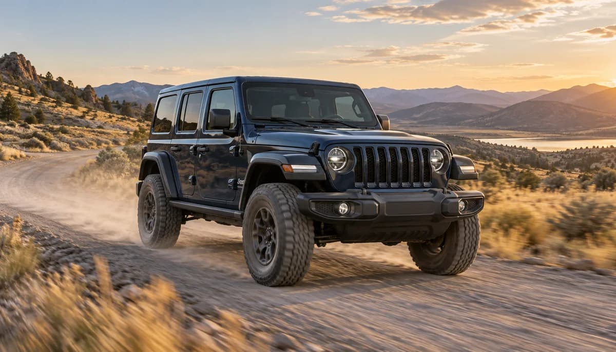Blue four-door off-road SUV driving on a high-desert gravel road