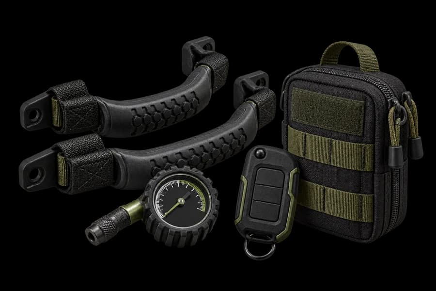 Jeep grab handles, tire gauge and tool pouch