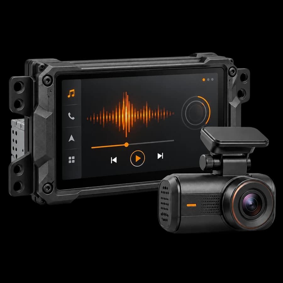 Jeep touchscreen audio receiver and compact dash camera