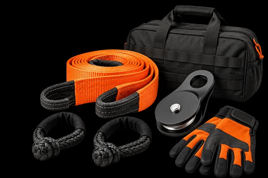Off-road recovery straps, soft shackles, gloves and gear bag