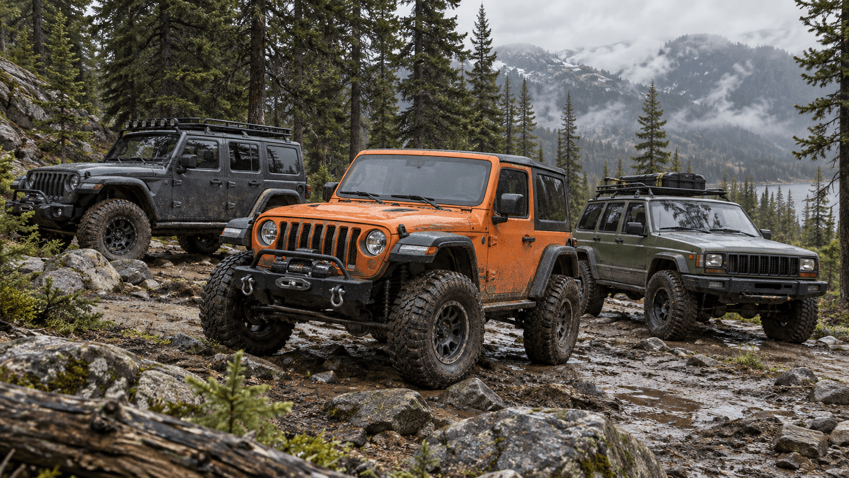 Three customized Jeeps on a mountain trail