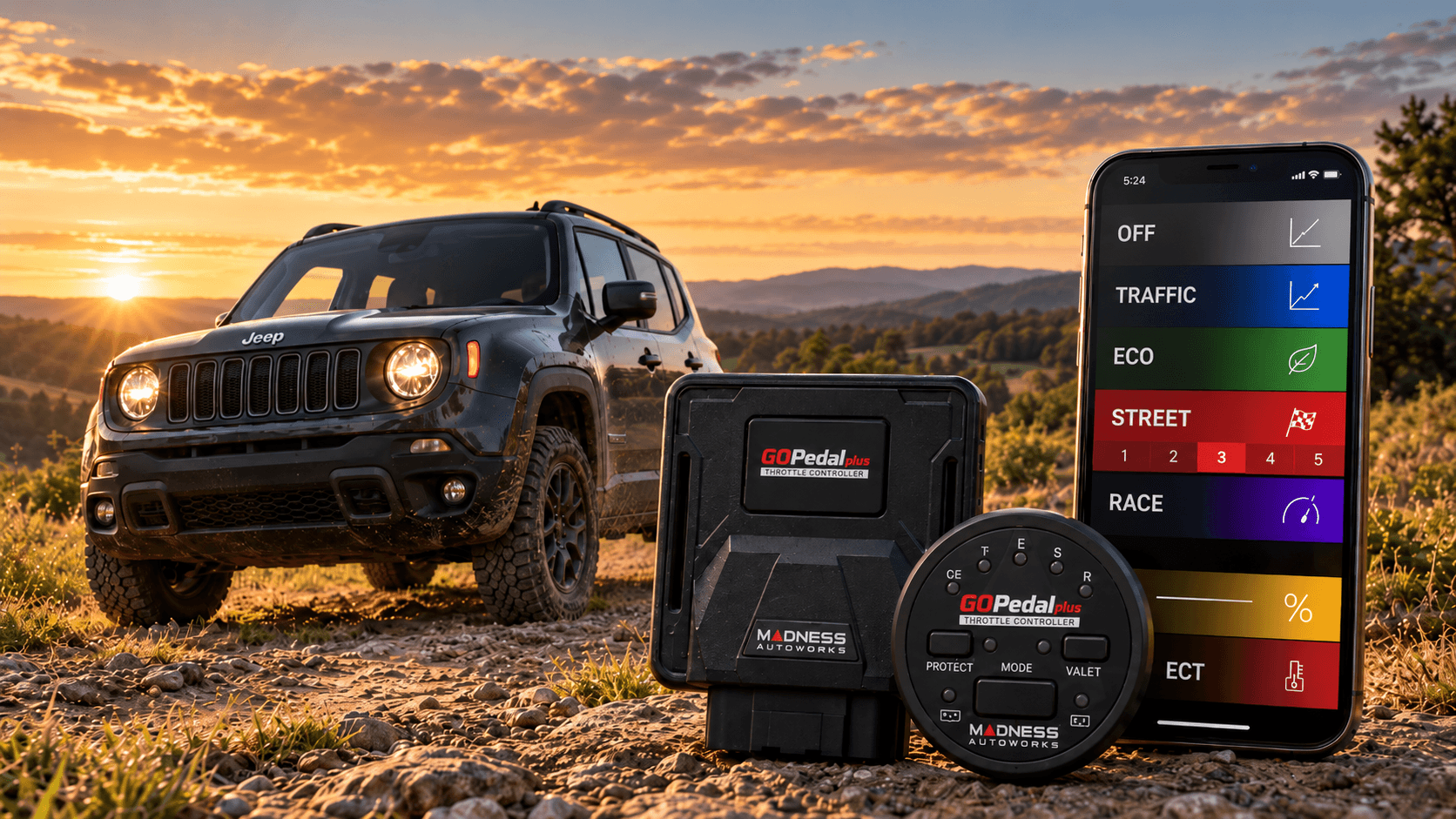 Jeep Renegade on a rocky trail at sunset beside a MADNESS GOPedal Plus throttle controller, wireless remote and phone app