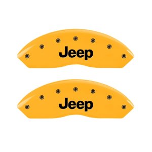 Jeep Wrangler Caliper Covers - Front - MGP - Engraved Front Jeep, Black Characters - Yellow - `97-`06