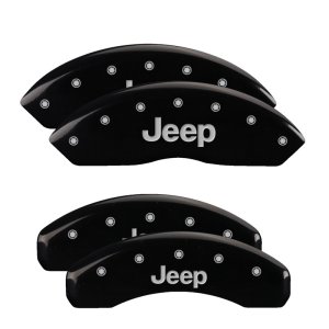 Jeep Wrangler Caliper Covers - Front + Rear - MGP - JEEP, Black powder coat finish, silver characters - Black - `03-`06