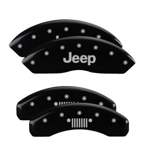 Jeep Wrangler Caliper Covers - Front + Rear - MGP - Engraved Front JEEP + Engraved Rear JEEP Grill logo - Black - `03-`06