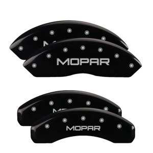 Jeep Wrangler Caliper Covers - Front + Rear - MGP - MOPAR, Engraved, Silver Characters - Black - `03-`06