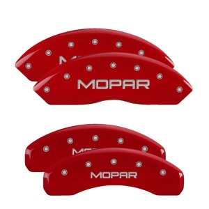 Jeep Wrangler Caliper Covers - Front + Rear - MGP - Engraved MOPAR, Red powder coat finish, silver characters - Red - `03-`06