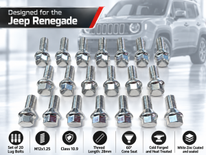 Jeep Renegade Lug Bolt Set - Set of 20 - M12x1.25 - 60° Cone Seat - Silver