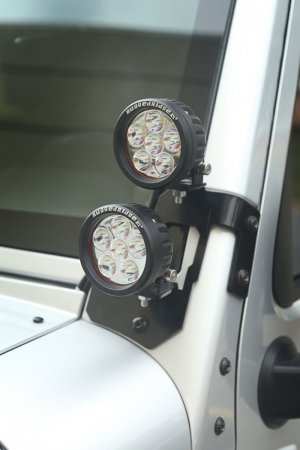 Jeep Wrangler JK Light Mount Kit - A-Pillar - Rugged Ridge - Round LED - Semi-Gloss Black - `07-`18