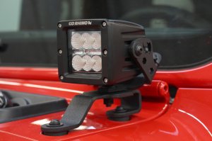 Jeep Gladiator Light Mounts - Windshield Cowl - Go Rhino - Single 3x3 LED Cube - Textured Black - `18-`20