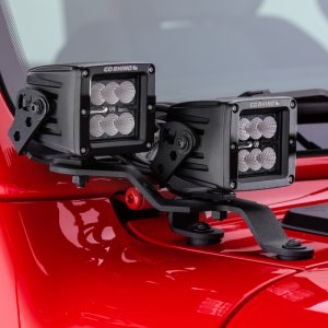 Jeep Gladiator Light Mount - Windshield Cowl - Go Rhino - Dual 3x3 Cubes Offset - Textured Black - `18-`20