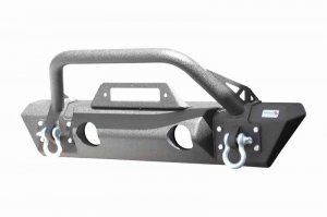 Jeep Gladiator Front Winch Bumper - Fishbone Offroad - Stubby, Raised Tube Winch Guard - Black Powdercoat - 2020+