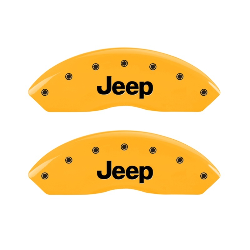 Jeep Wrangler Caliper Covers - Front - MGP - Engraved Front Jeep, Black Characters - Yellow - `97-`06