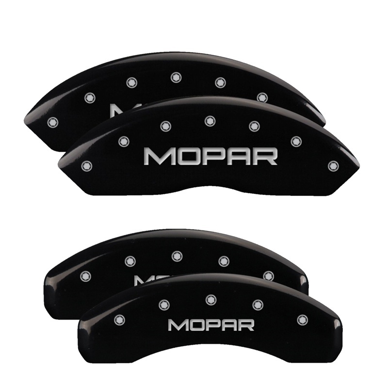 Jeep Wrangler Caliper Covers - Front + Rear - MGP - MOPAR, Engraved, Silver Characters - Black - `03-`06