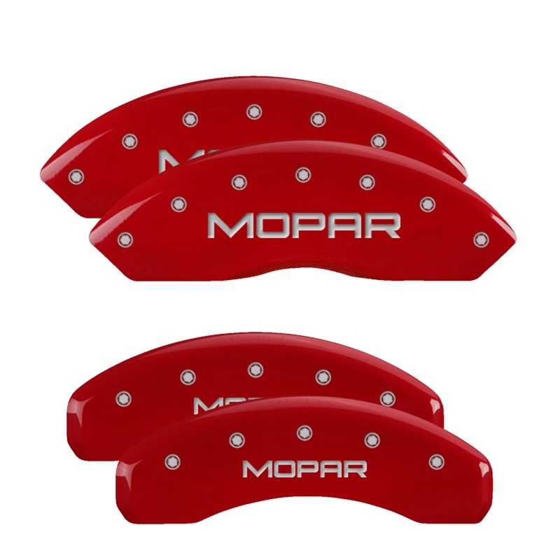 Jeep Wrangler Caliper Covers - Front + Rear - MGP - Engraved MOPAR, Red powder coat finish, silver characters - Red - `03-`06