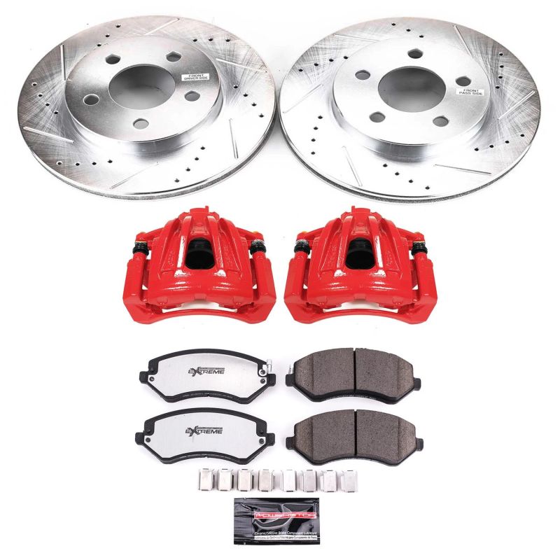 Jeep Liberty Brake Kit - Front - PowerStop - Drilled/Slotted Rotors + Carbon-Fiber Ceramic Pads + Powder Coated Calipers - Red - `02-`07
