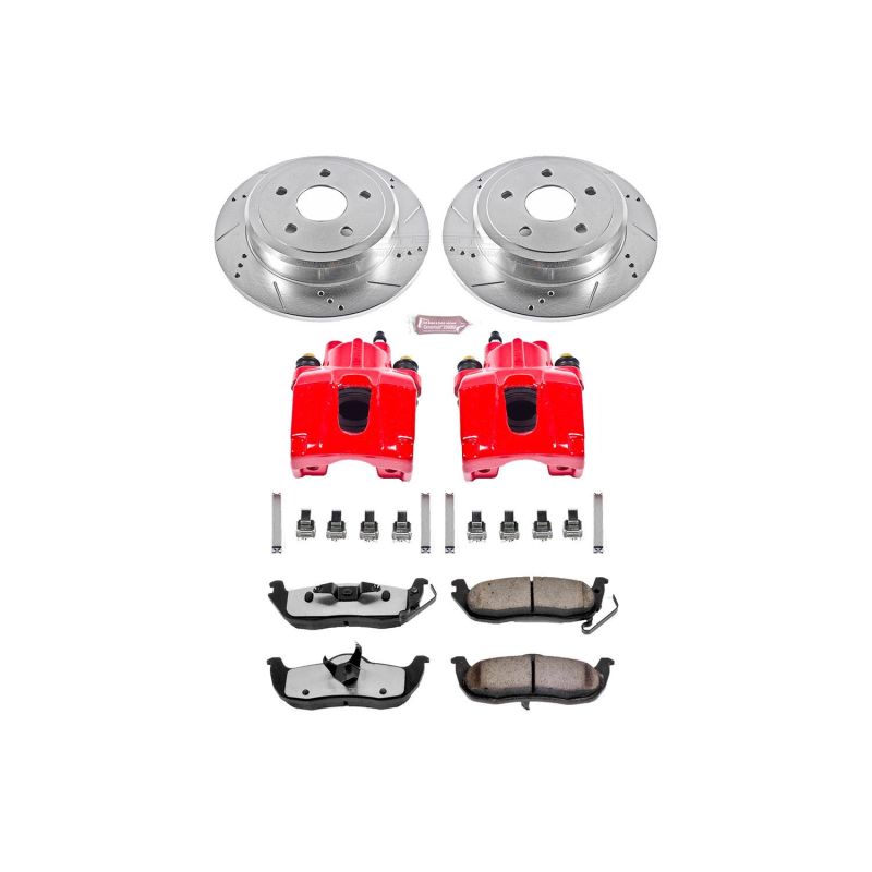 Jeep Commander Brake Kit - Rear - PowerStop - Slotted/Drilled Rotors + Carbon-Fiber Ceramic Pads + Powder Coated Calipers - Red - `06-`10
