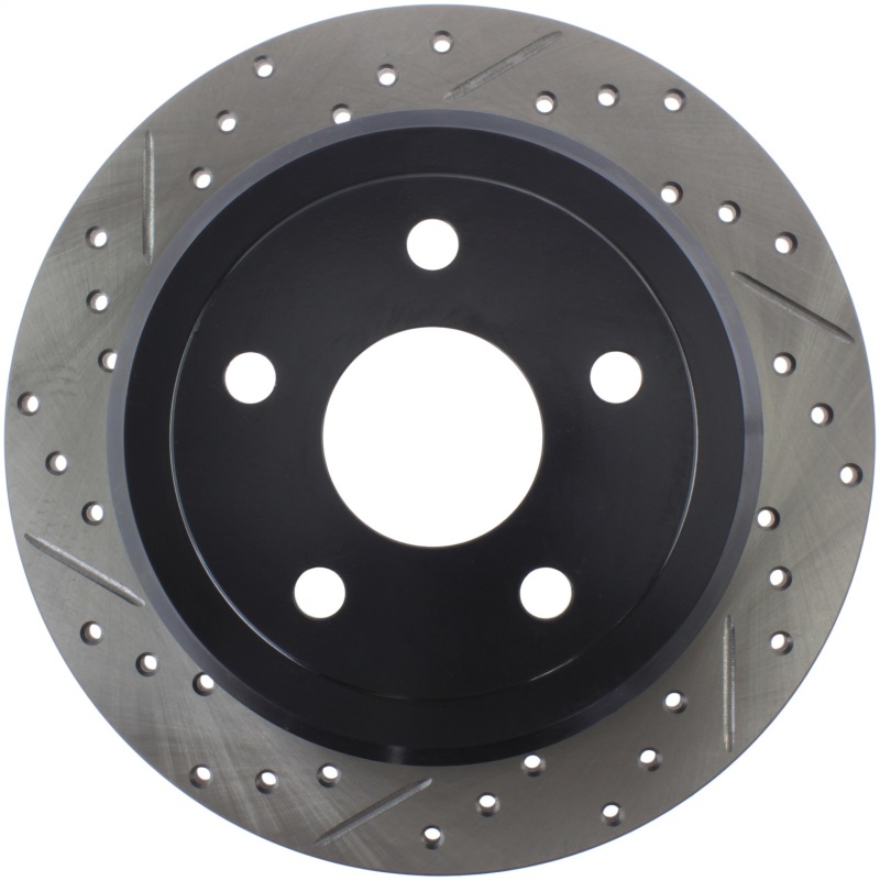 Jeep Wrangler JK Brake Rotor (1) - Rear Right - Stoptech - Sport Drilled & Slotted, Black E-Coated - Black - `07-`18