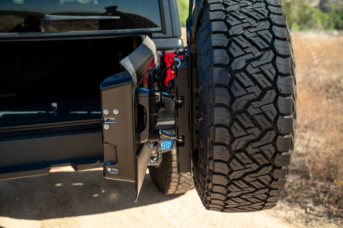 Jeep Wrangler JL Tire Carrier - Swing Gate - DV8 Offroad MTO Series Bumper - `18-`25