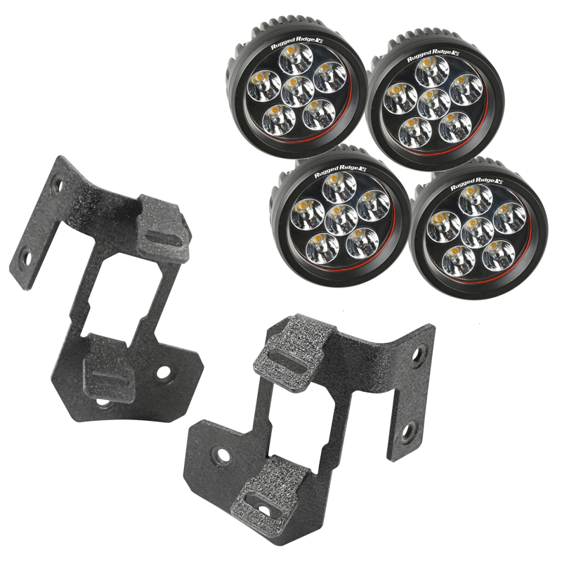 Jeep Wrangler JK Light Mount Kit - A-Pillar - Rugged Ridge - Round LED - Textured Black - `07-`18
